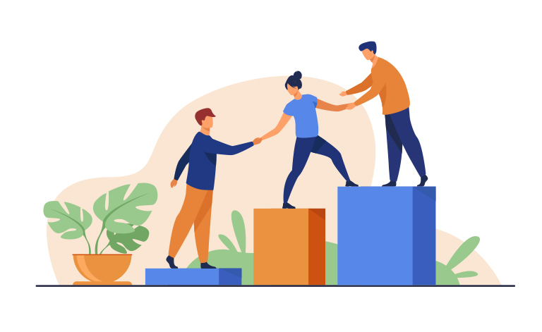 illustration 3 people helping each other climb blocks